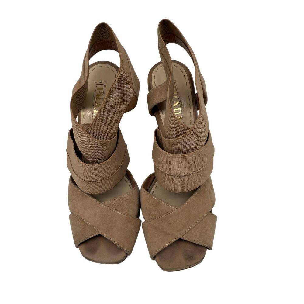 Prada Suede Leather Elastic Strappy Heeled Sandals Beige Women's Size 36.5